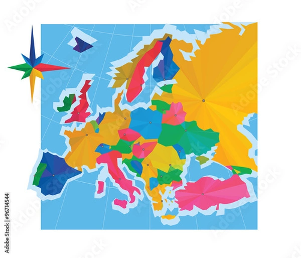 Fototapeta map of Europe, abstraction with the European countries, made in the style of low poly, polygon vector illustration image.
