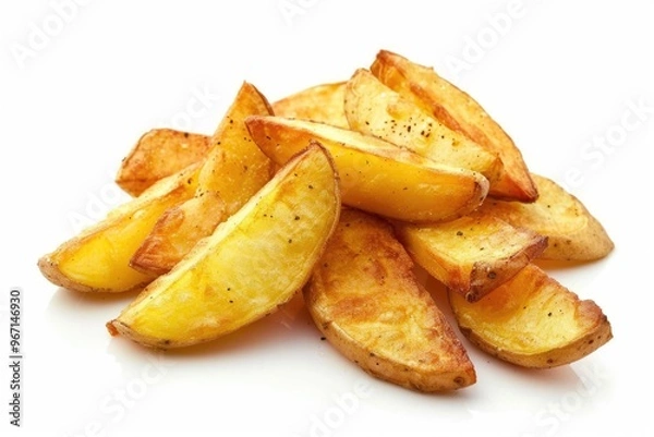 Fototapeta A pile of crispy fried potatoes served on a clean white surface, perfect for food photography or recipes