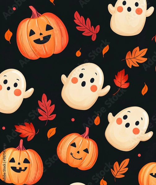 Obraz Adorable pattern featuring cartoon ghosts and pumpkins with leaves, using orange-pink hues on a black backdrop. The vector illustration is flat and minimalist, with high detail and resolution.

