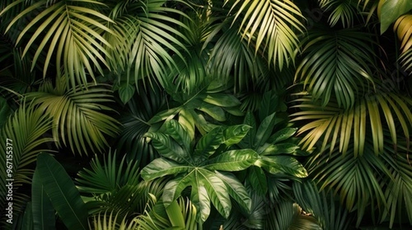 Fototapeta A dense group of green leaves in a lush jungle setting