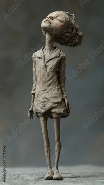 Fototapeta A realistic clay doll sculpture stands tall, exuding sense of confidence and serenity. intricate details highlight artistry and craftsmanship involved in creating this unique piece. 
