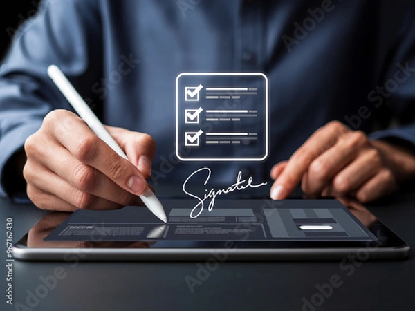 Fototapeta Close-up of hands using a digital pen to sign an electronic document on a tablet, illustrating modern digital signature technology.