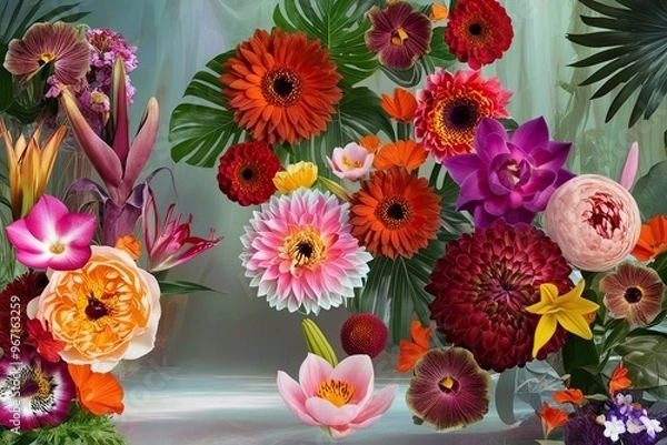 Fototapeta Exotic Flower Collage in Ethereal Background with Depth and Artistic Arrangement