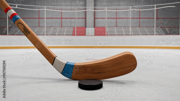 Fototapeta A hokey stick is a curved wooden stick, used to play the sport of hockey. The image shows a hokey stick with a puck on the ground in front of it. The background is a hockey rink with bleachers