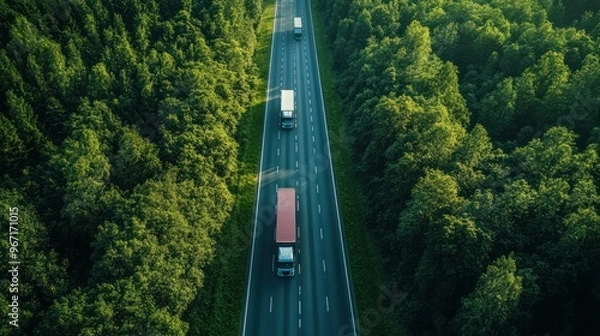 Fototapeta Aerial View of Trucks Traveling on a Highway Through a Forest