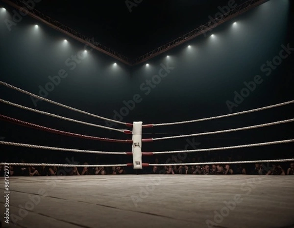 Fototapeta A dimly spotlight corner of a boxing ring surrounded by ropes on a dark isolated background. Ai generated images