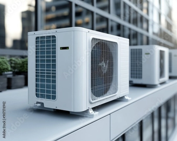 Fototapeta Three white air conditioning units on a rooftop with a city skyline in the background.