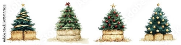 Fototapeta Watercolor Christmas Farm, Festive four unique Christmas trees adorned with colorful decorations, holiday themes. Isolate on white background