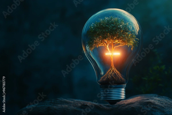 Fototapeta Tree Growing Inside a Light Bulb with Glowing Roots in Dark Setting