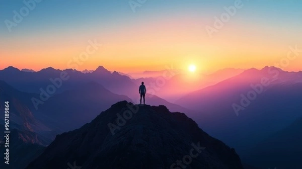 Fototapeta A man stands on a mountain top, looking out at the beautiful sunset