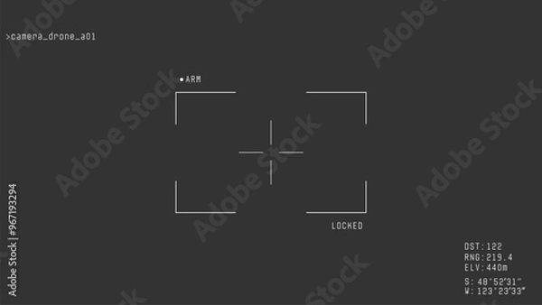 Fototapeta War drone camera viewfinder overlay. Template for military  battle drone cam. Camera frame vector template. White lines Ui on black background. Realistic combat drone UI frame for games video, photo.