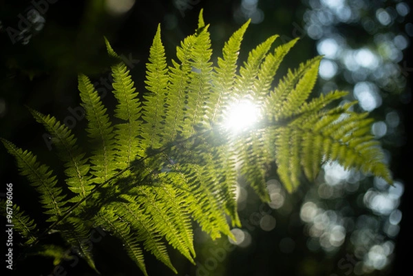 Obraz A green fern in the forest. The sun shining through the plant. Wildlife.