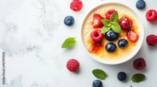 Fototapeta A bowl of creamy custard topped with fresh berries and a sprig of mint, arranged on a light gray marble surface.