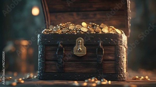 Fototapeta 3D illustration of a treasure chest with a wealth of glistening coins, front view, warm, focused lighting enhancing the textures, blurred background suggesting an ancient vault, richly detailed