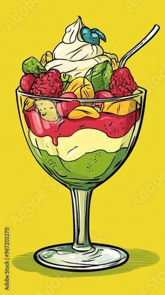 Fototapeta A colorful parfait with layers of green, white, pink, and yellow topped with whipped cream, raspberries, and a cherry.