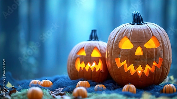 Fototapeta Halloween greeting card, spooky pumpkin sitting on the forest floor