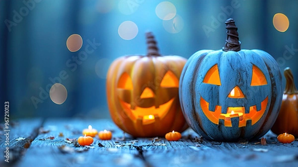 Fototapeta Halloween greeting card, spooky pumpkin sitting on the forest floor