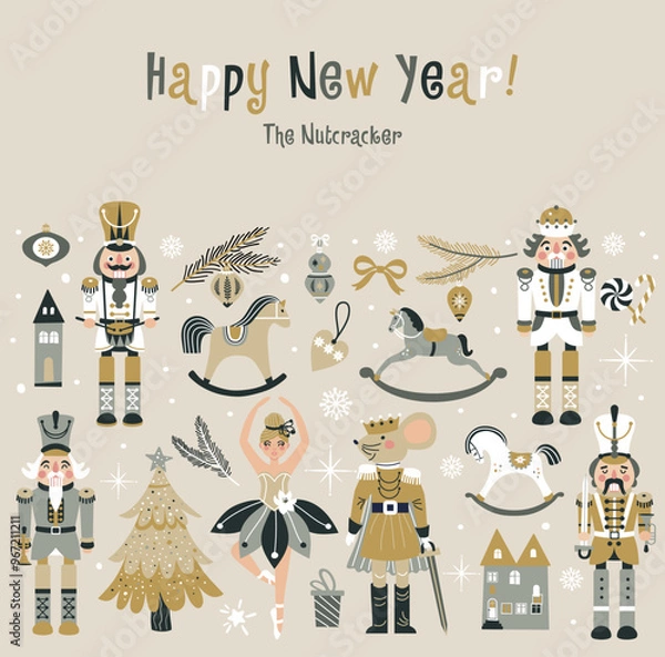 Obraz Merry Christmas, New Year set with Ballerina, Mouse King and Nutcracker. Christmas card three and toys