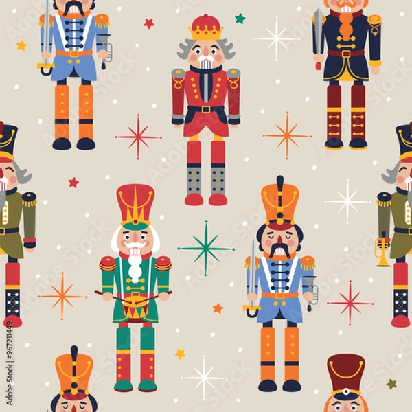 Obraz Seamless Christmas Pattern with Nutcrackers in Vector on beige.