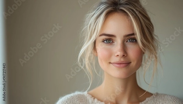 Fototapeta portrait of scandinavian softly smiling woman is 35 years old with blond hair on solid light beige color background with copy space