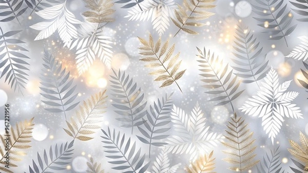 Fototapeta Stylish fern leaves pattern with shimmer in silver and gold tones