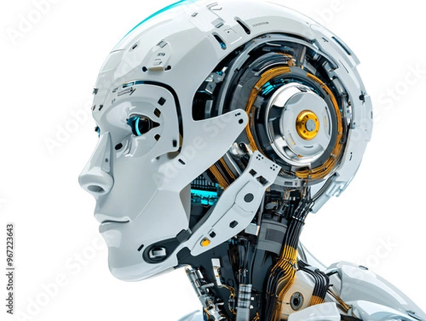 Obraz a white robot with blue eyes and yellow and orange parts