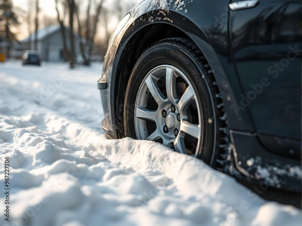 Fototapeta Car wheel close-up stuck in the snow