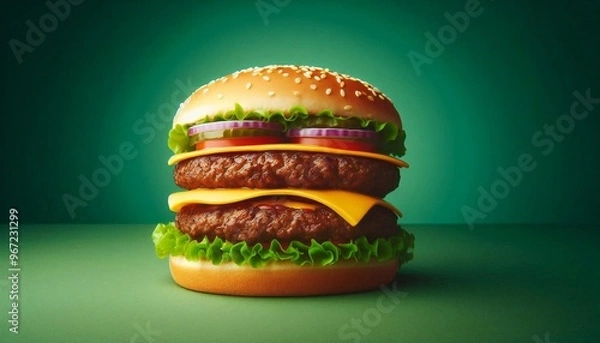 Fototapeta Double patty burger with green background- ai generated
