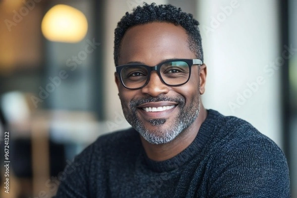 Obraz Happy middle aged professional african american business man, smiling mature executive ceo manager, 45 years old male entrepreneur, confident business owner wearing glasses in office. Headshot portrai