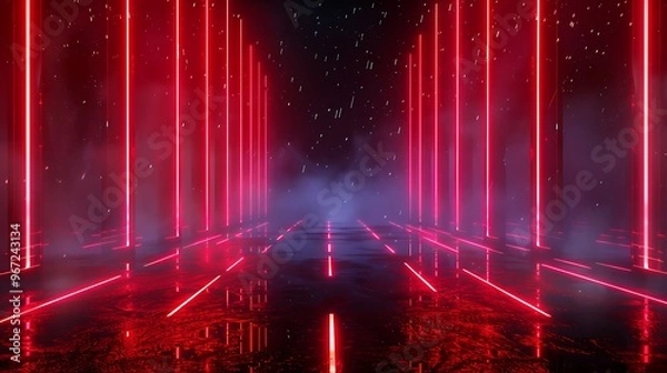 Fototapeta A striking futuristic scene featuring vibrant red neon lights amidst a misty backdrop, perfect for technology or nightlife themes. Stage for product presentation.