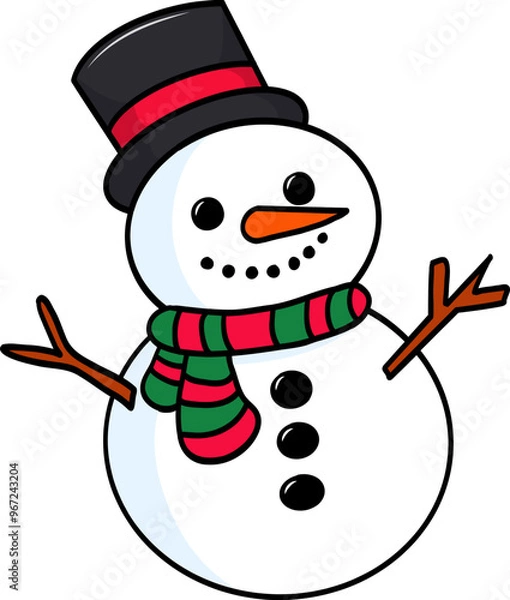 Fototapeta Cute snowman with a hat and woolen scarf isolated on transparent background