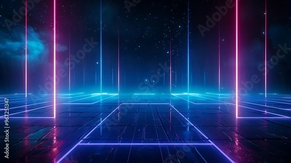 Fototapeta A vibrant futuristic landscape with neon lights and glowing lines, perfect for digital art and sci-fi themes. Stage for product presentation.