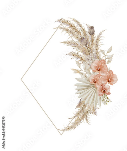 Fototapeta Bohemian Floral Frame with Dried Pampas, Dried Palm Leaf, Poppy Pods and Orchids