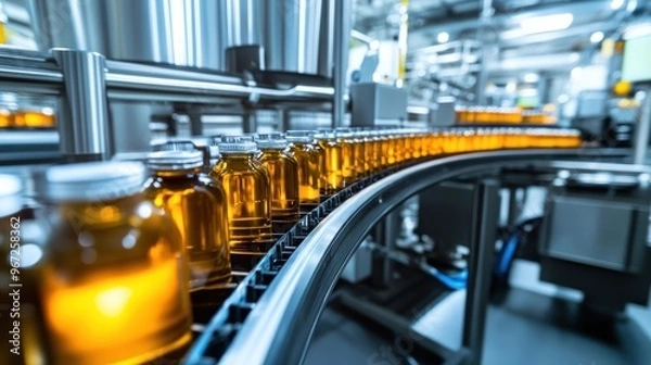 Fototapeta Bottles Moving on a Conveyor Belt in a Factory