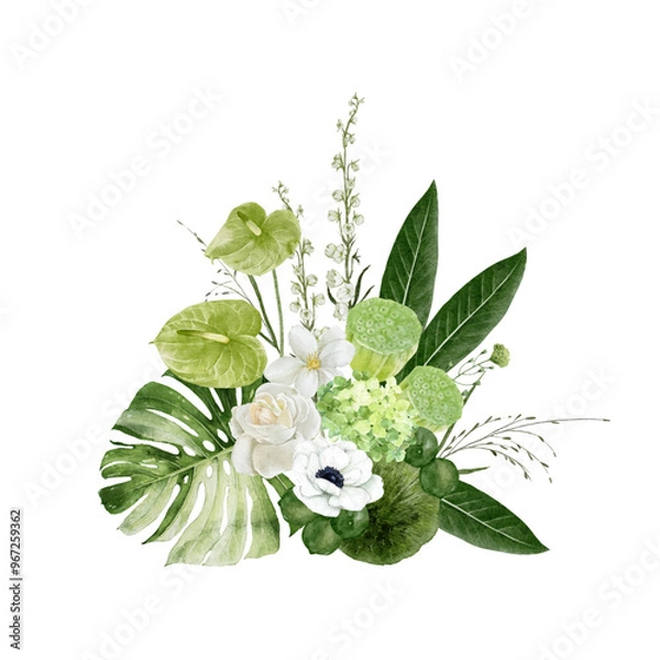 Fototapeta Tropical Greenery Floral Bouquet with Green Anthurium Flower, Lotus Fruits, Rose and Monstera Leaf Isolated on white background