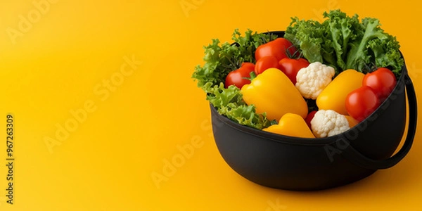 Fototapeta A bowl of vegetables including tomatoes, peppers, and cauliflower. The bowl is black and the vegetables are bright and colorful