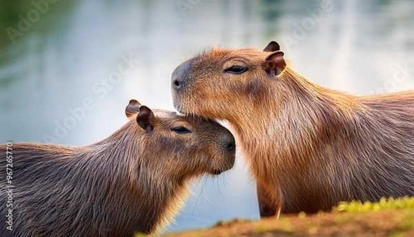 Obraz Cheerful capybara duo lounging by a river