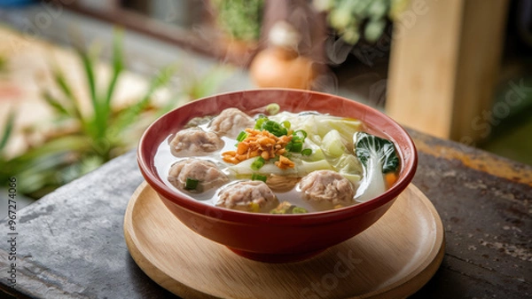 Fototapeta A photo of a bowl of steaming hot bakso soup. The soup is clear and filled with tender meatballs. There are also vegetables like cabbage and bok choy in the soup. On top of the soup