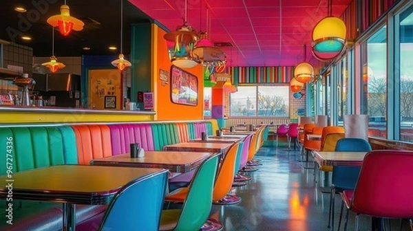 Fototapeta A colorful diner setting with chrome finishes and bright neon lights, diner setting, mid-century modern