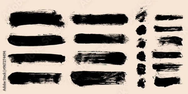 Fototapeta Set of brush strokes vector. Banner ads text boxes. Vector paintbrush collection. Grunge design elements. Template dirty texture banners. Painted rectangles and long strokes. Black vector illustration