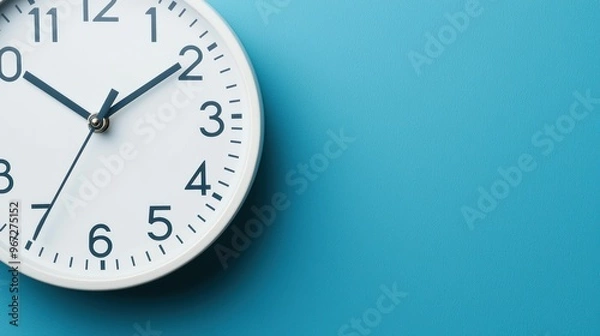 Fototapeta A modern wall clock displaying the time against a vibrant blue background, perfect for home or office decor.