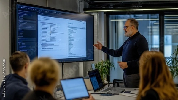 Obraz Cybersecurity training session in a modern office with colleagues engaged in learning about password management