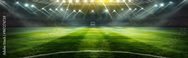 Obraz Panoramic view of an illuminated soccer stadium at night with lush green field with lights in background
