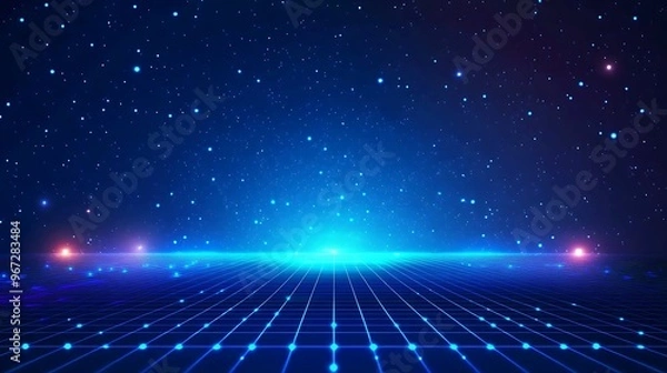 Fototapeta A futuristic cosmic landscape featuring glowing stars and a grid pattern, ideal for sci-fi and digital art projects.