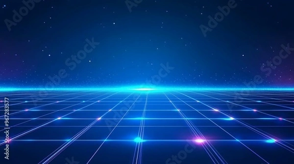 Fototapeta A futuristic digital landscape featuring a glowing grid under a starry night sky, perfect for technology and sci-fi themes.