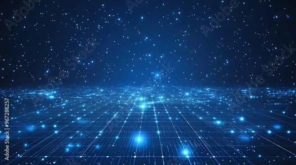 Fototapeta A mesmerizing blue cosmic scene filled with twinkling stars and a glowing grid, perfect for digital backgrounds and creative projects.