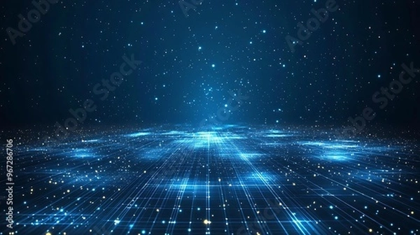 Obraz A mesmerizing blue digital landscape filled with sparkling lights and grid patterns, creating a futuristic atmosphere.