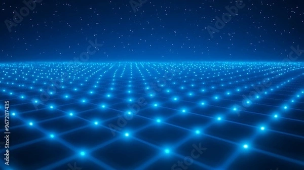 Fototapeta A mesmerizing blue grid landscape filled with glowing lights, creating a futuristic and digital atmosphere.