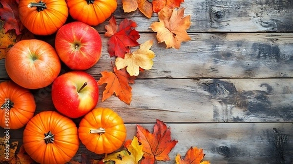 Fototapeta Autumn Harvest with Pumpkins and Red Apples Surrounded by Colorful Leaves on Rustic Wood