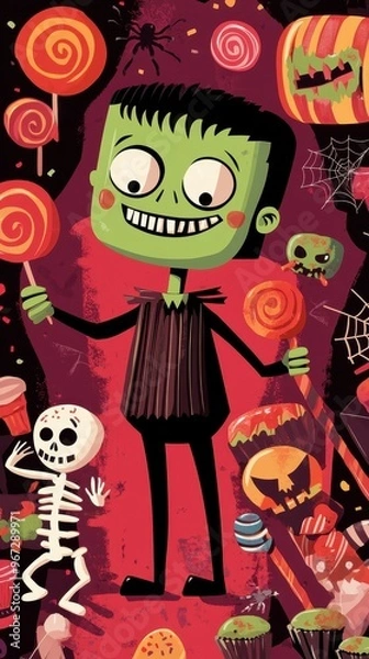 Obraz A cute Frankenstein character joyfully holds colorful lollipops with Halloween decorations and treats like candy and a skeleton nearby